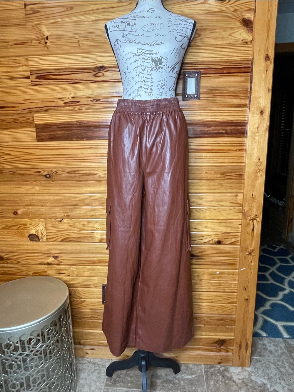 Anthropologie Wide-Leg Faux Leather Cargo Pants in Brown
